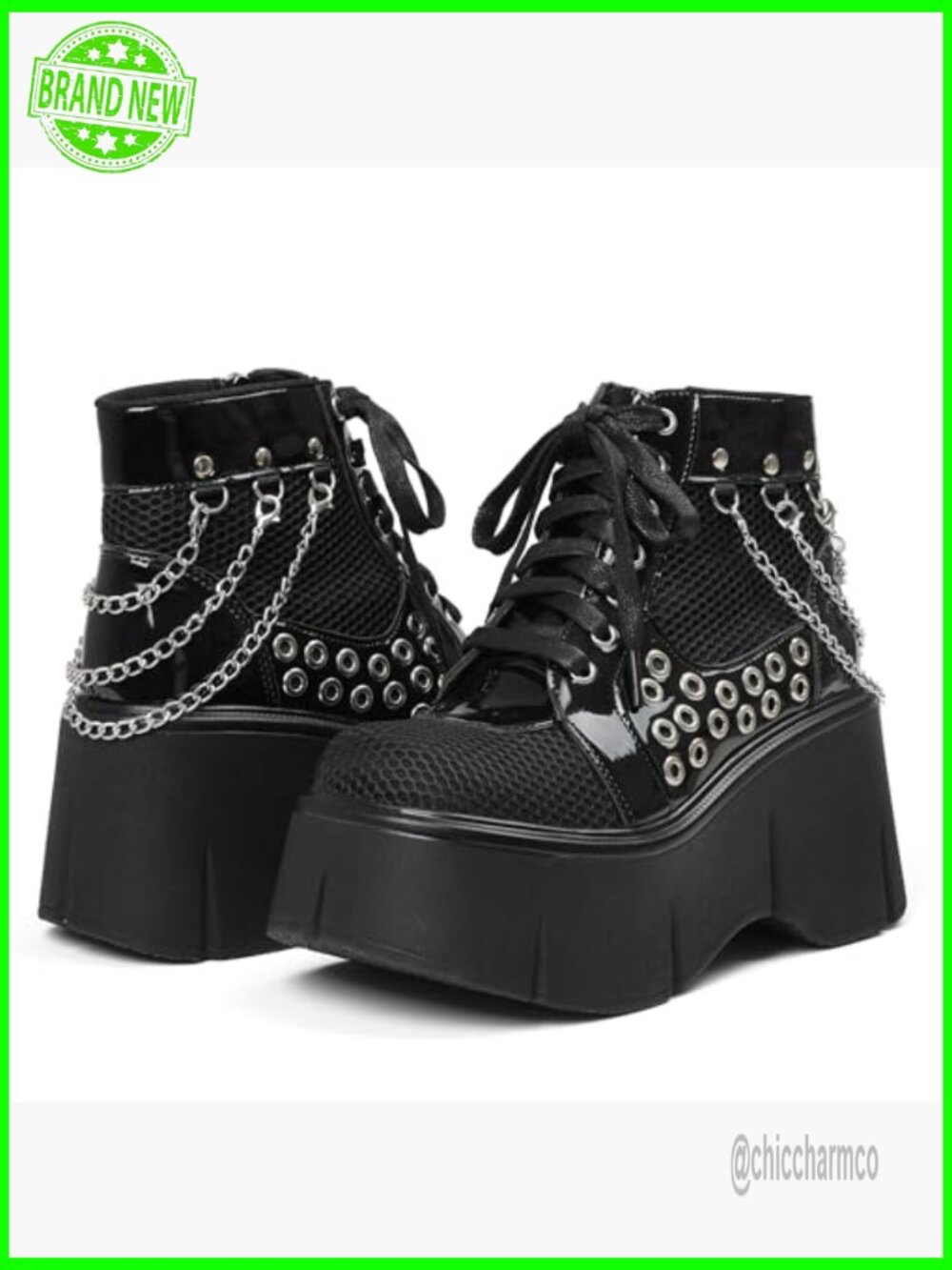 Wedge Platform Lace Up Chain Mesh Combat Ankle Booties Punk Goth - Picture 6 of 7